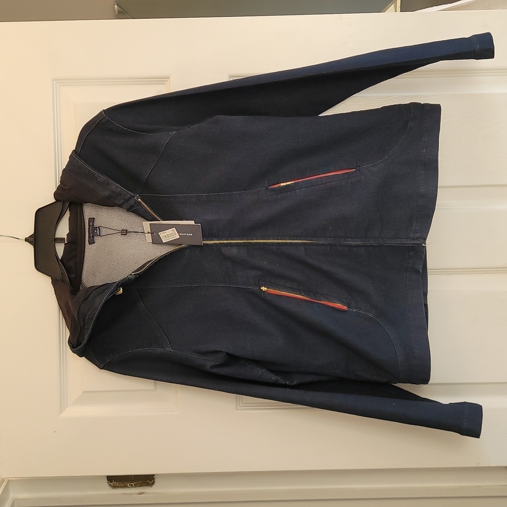 Tommy Hilfiger stretchy blue jean zip up hoodie, Medium